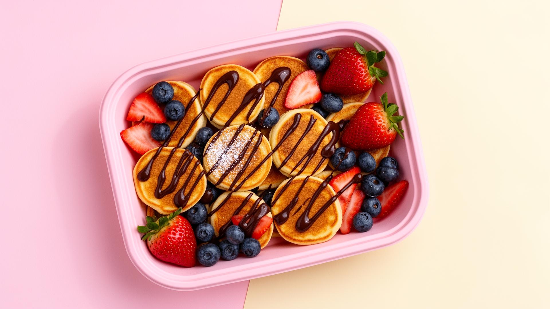 Gluten-free and dairy-free mini pancakes topped with strawberries, blueberries and chocolate drizzle